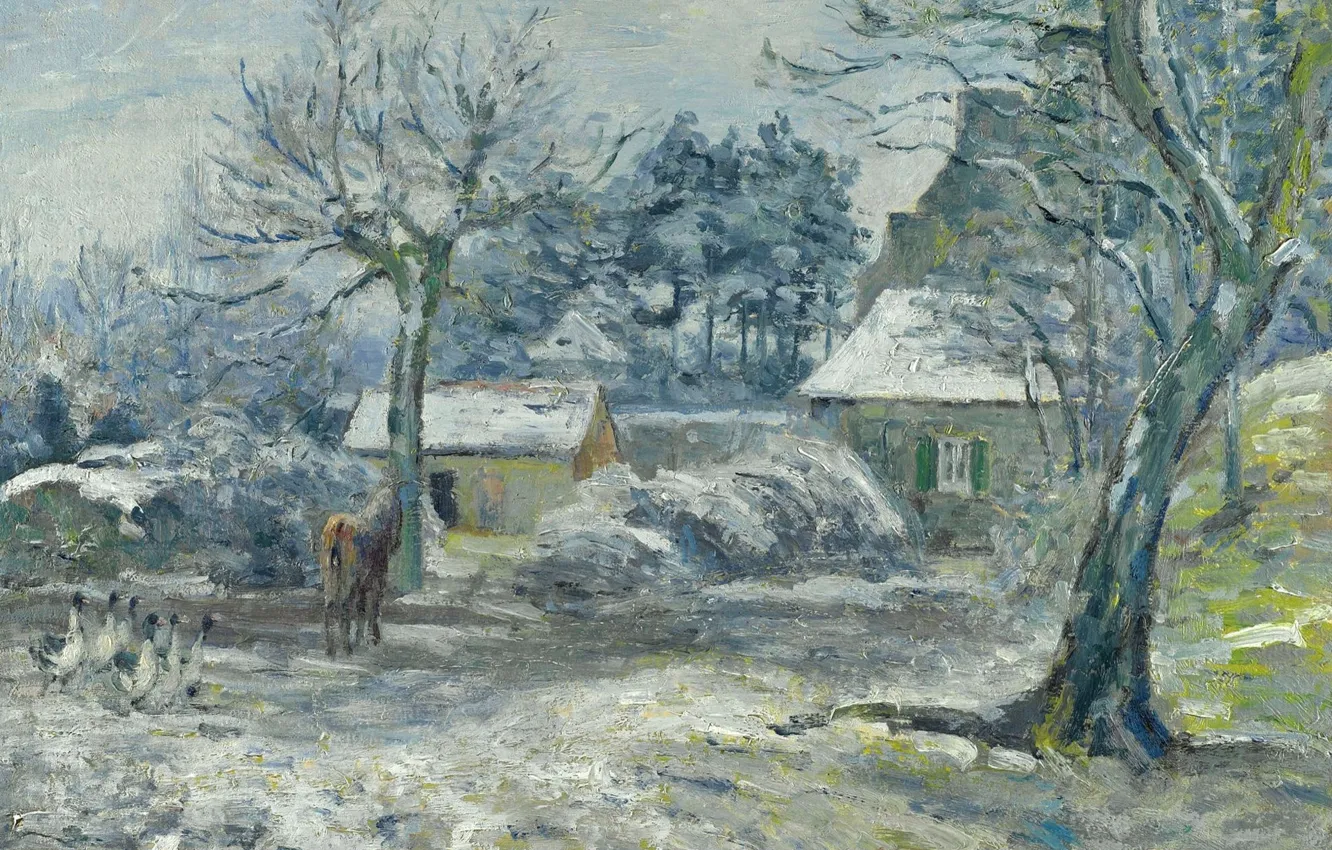 Photo wallpaper winter, landscape, picture, Camille Pissarro, Farm Monticola. Snow