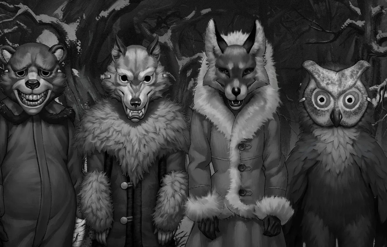 Photo wallpaper wolf, mask, art, Black and white