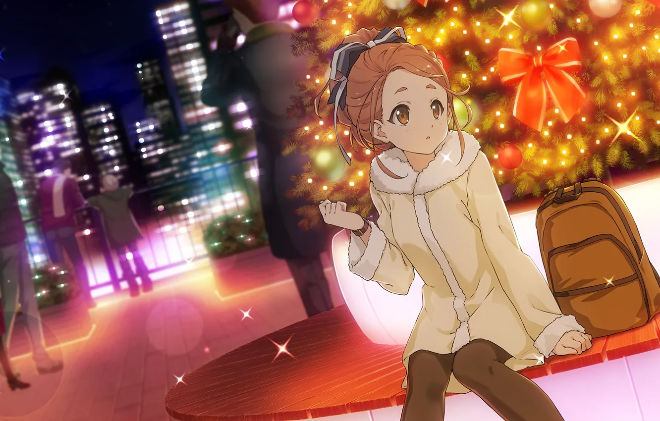 Photo wallpaper winter, girl, the city, people, the game, tree, the evening, anime