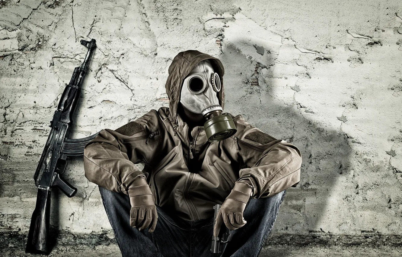 Photo wallpaper gun, wall, clothing, gas mask, male, sitting, Kalash