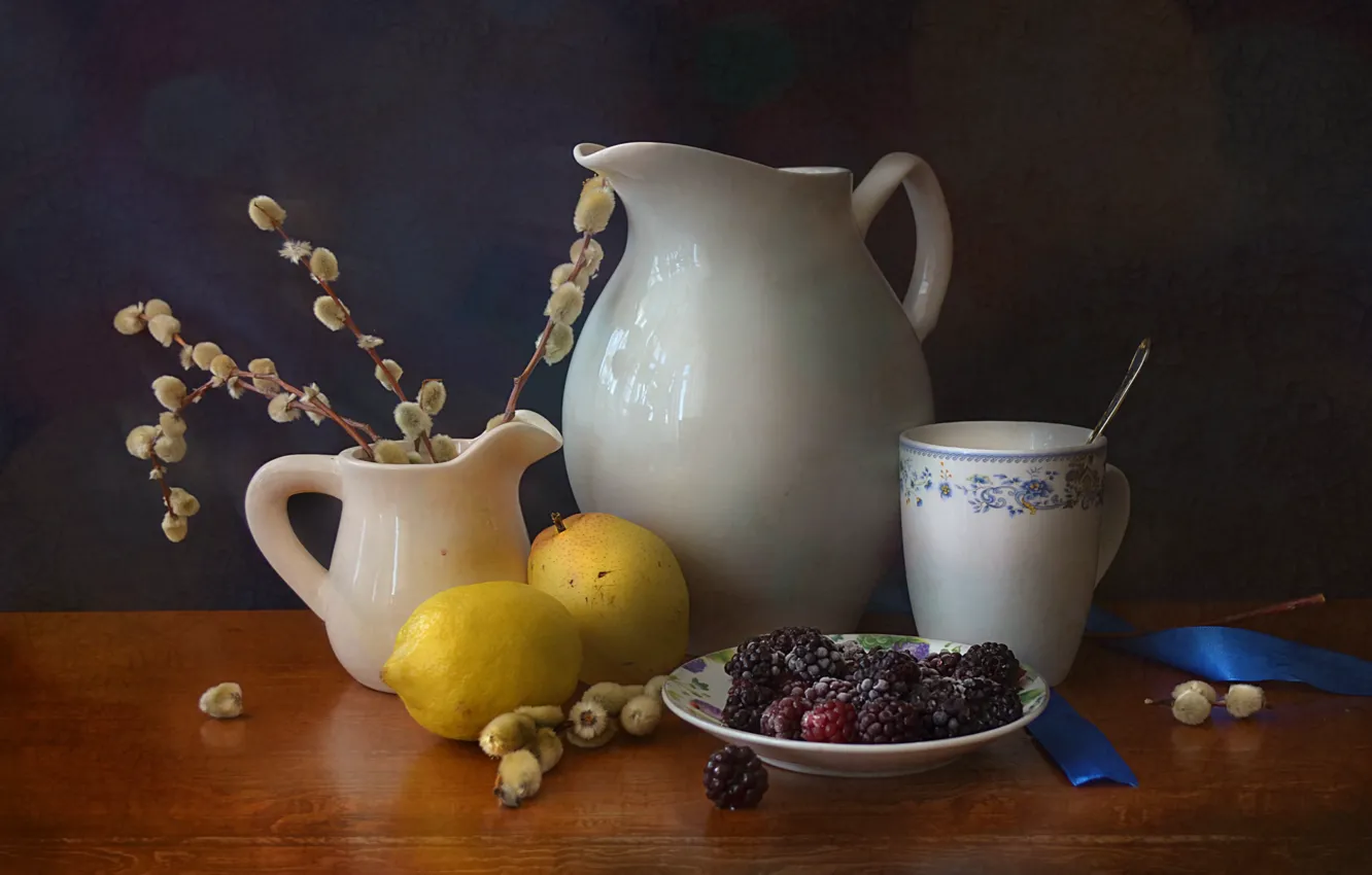 Photo wallpaper berries, table, glass, plate, tape, dishes, pear, fruit
