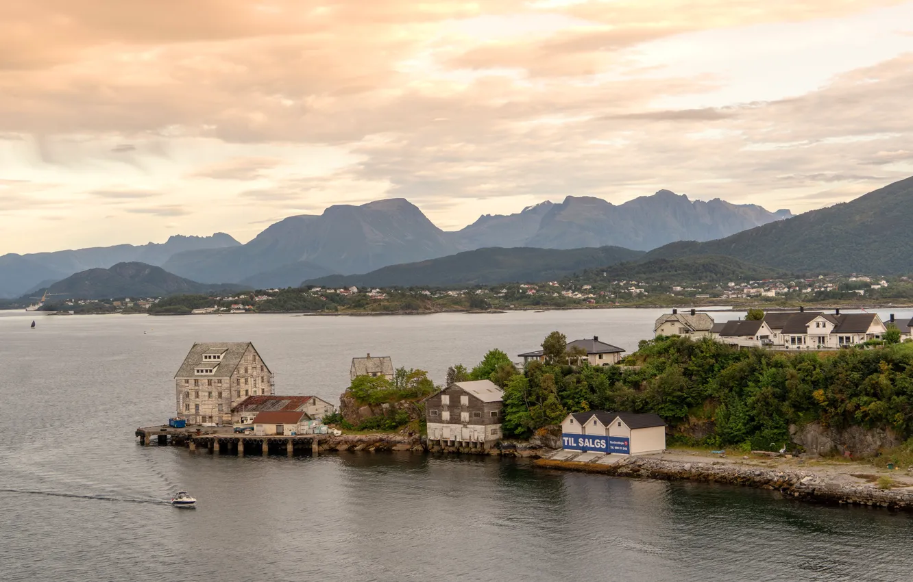 Photo wallpaper the sky, clouds, trees, mountains, fog, rocks, hills, shore
