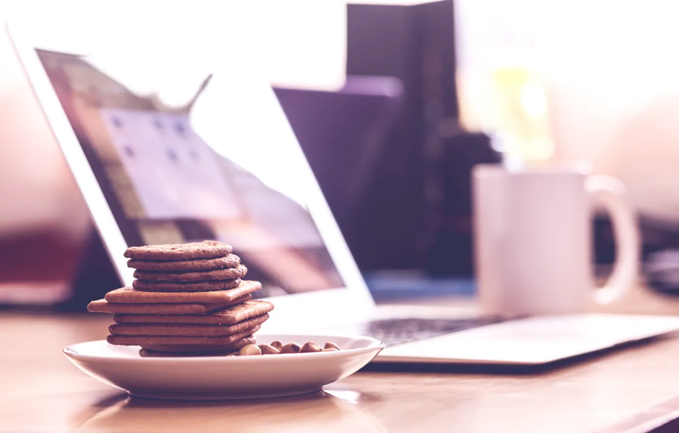 Photo wallpaper light, coffee, cookies, Cup, laptop