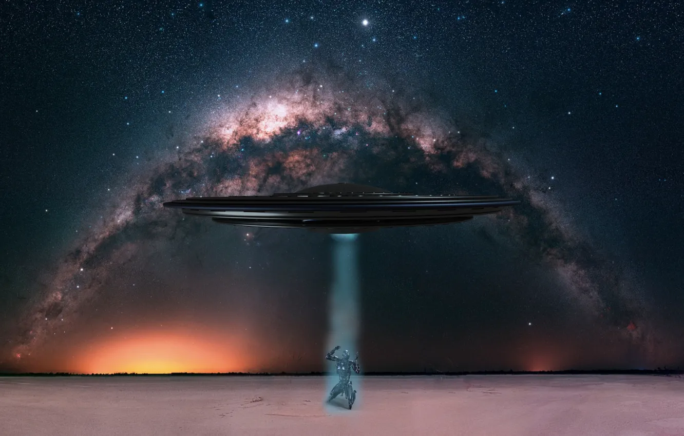 Photo wallpaper space, stars, night, pose, robot, UFO, the portal, the milky way