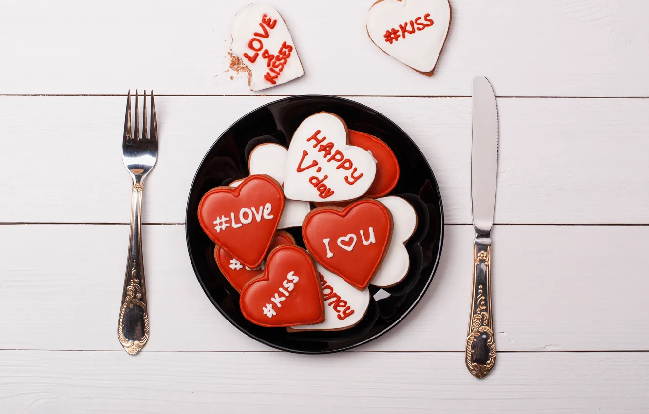Photo wallpaper table, plate, knife, plug, 14 Feb, Valentine's day, dinner, Valentine's day