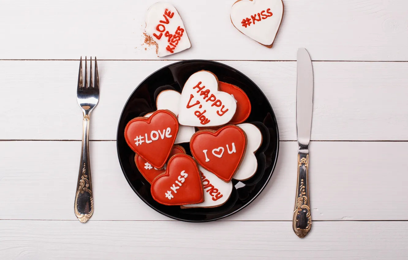 Photo wallpaper table, heart, plate, knife, plug, Valentine's day, 14 Feb, Valentine's day