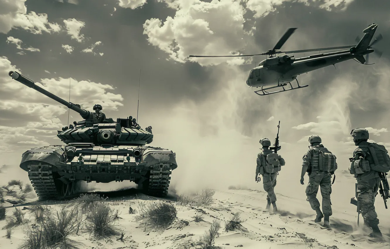 Photo wallpaper sand, dust, soldiers, tank, black and white, helicopter, digital art, AI art