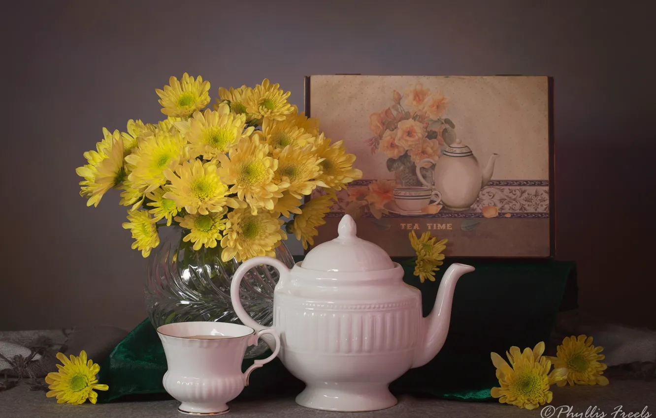 Photo wallpaper flowers, style, picture, kettle, Cup, still life, chrysanthemum, yellow