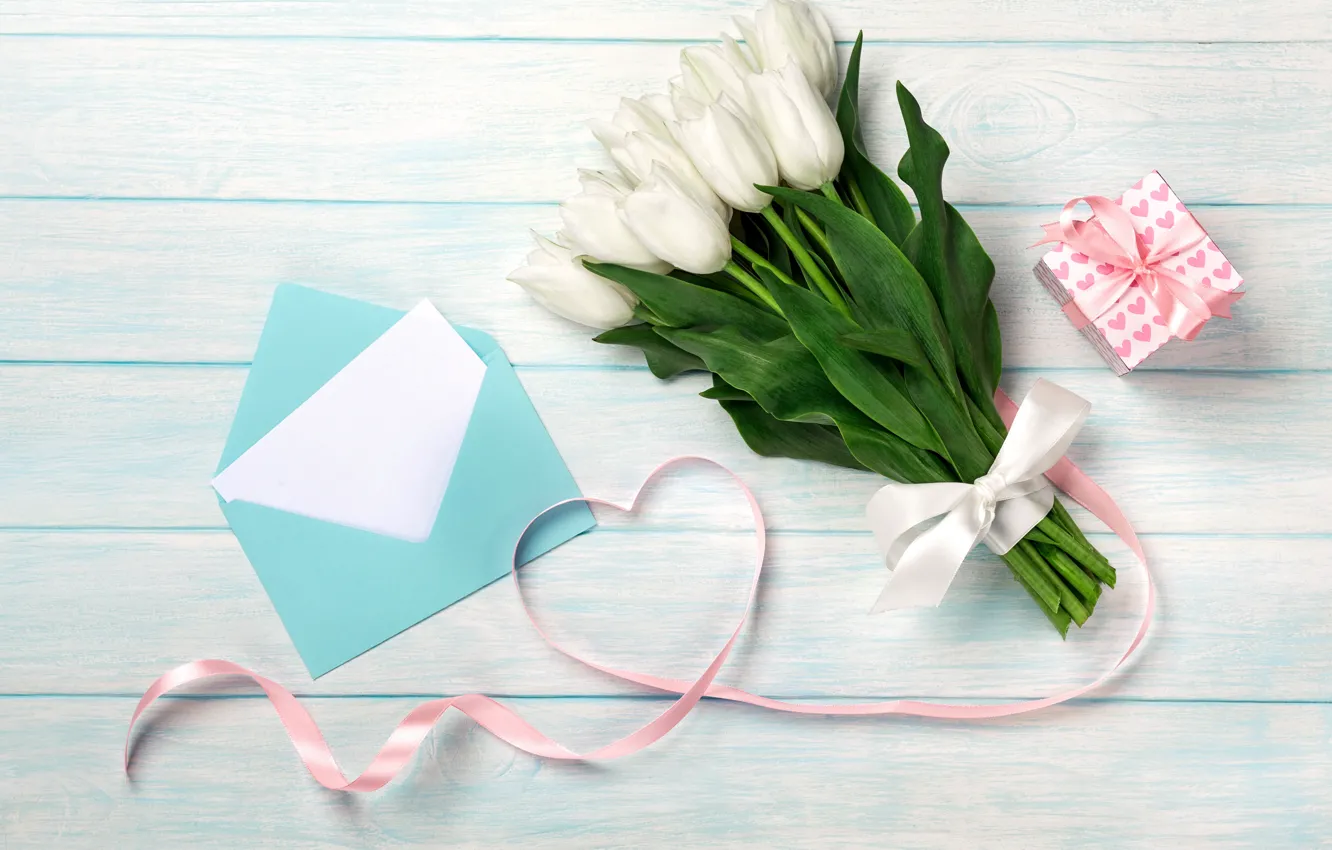 Photo wallpaper love, gift, bouquet, love, romantic, tulips, valentine's day, letter