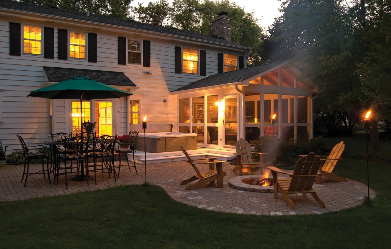 Photo wallpaper the evening, yard, cottage, hearth, terrace, wooden, exterior, seating on stone