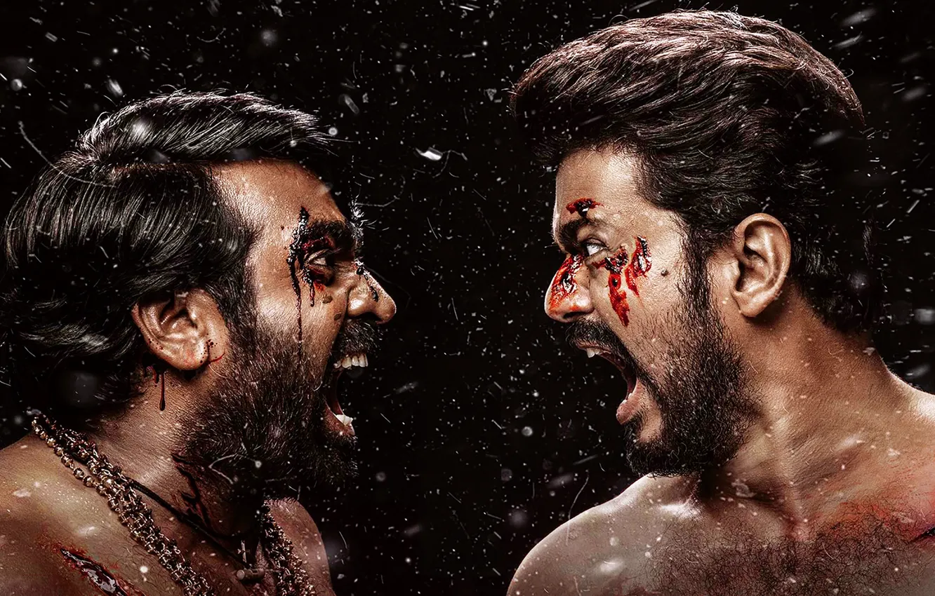 Photo wallpaper the dark background, blood, Master, male, two, Creek, Indian cinema, Joseph Vijay