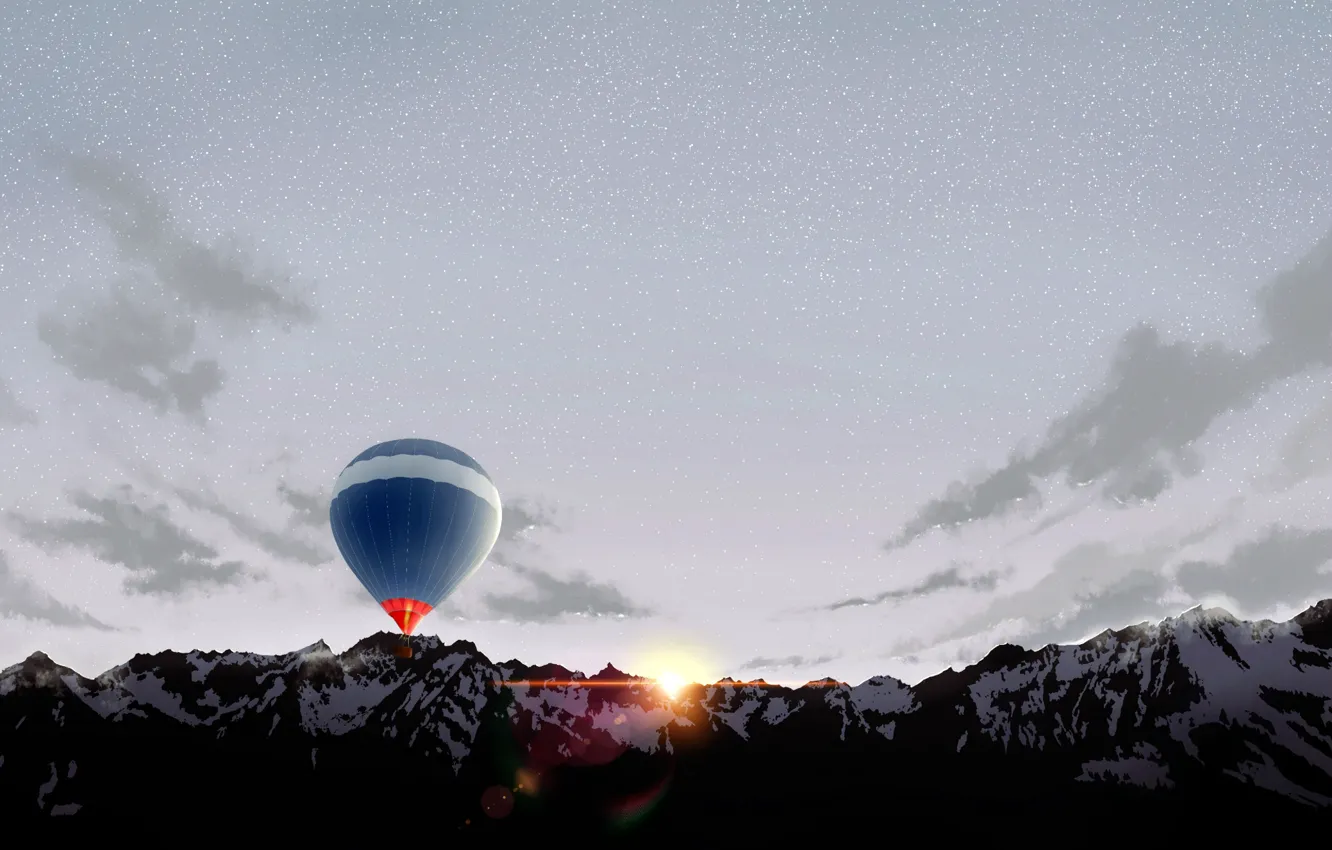 Photo wallpaper mountains, balloon, dawn