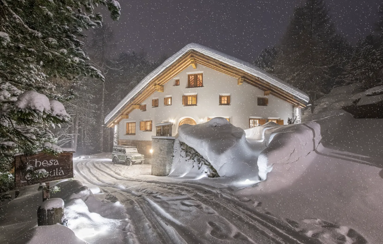 Photo wallpaper forest, snow, nature, house, house, forest, nature, snow