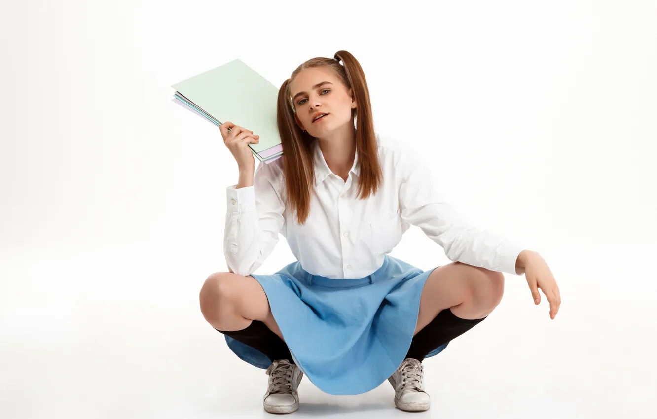 Photo wallpaper girl, young, pretty, posing, uniform, emotional