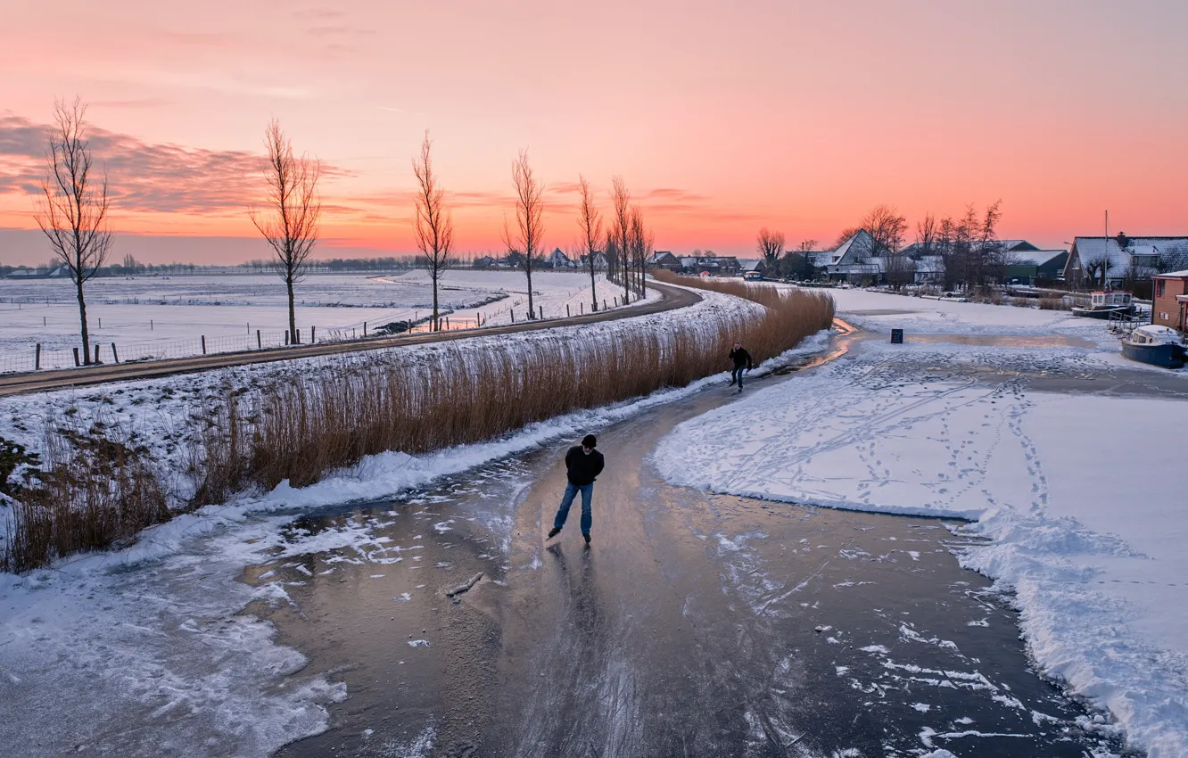 Photo wallpaper ice, winter, road, sunset, home