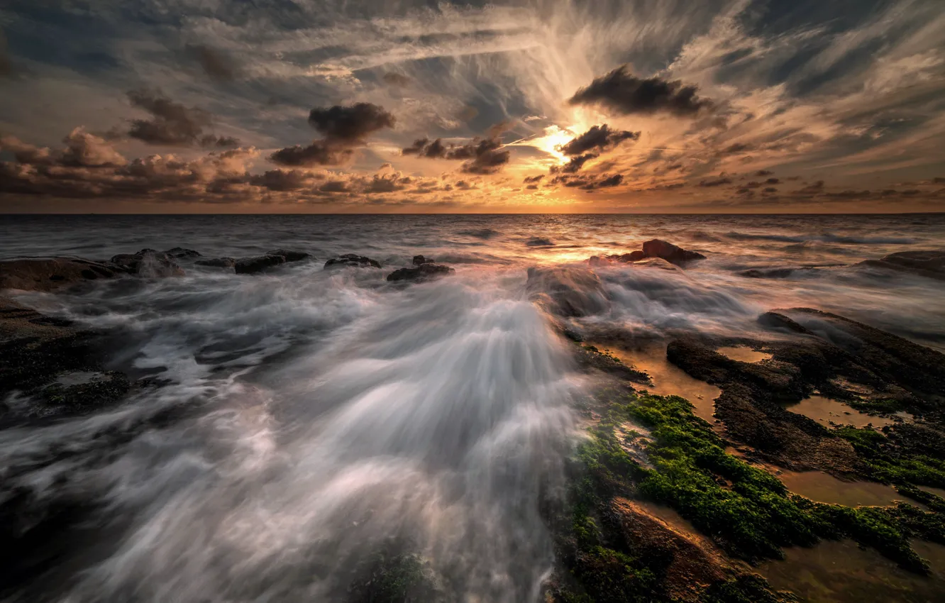 Photo wallpaper sea, sunset, shore