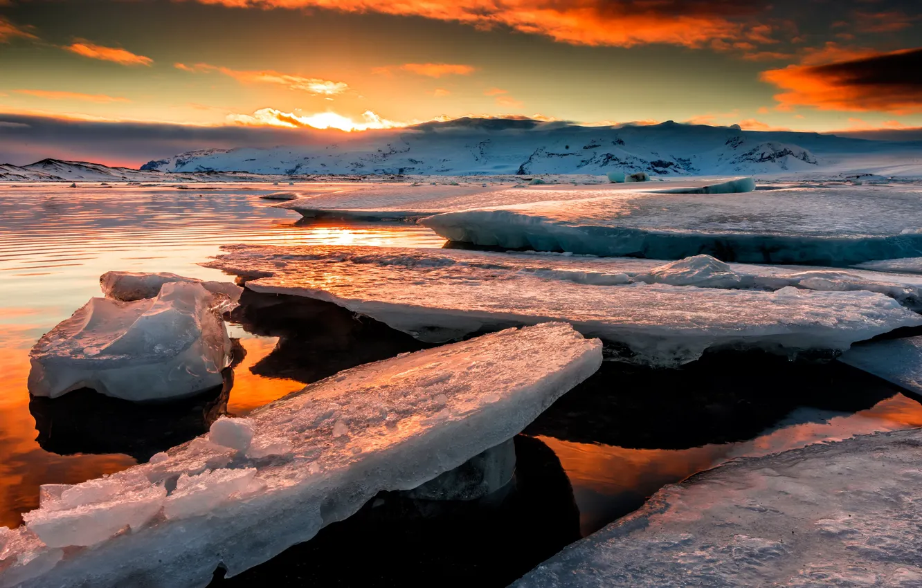 Photo wallpaper ice, winter, the sky, the sun, clouds, light, landscape, sunset