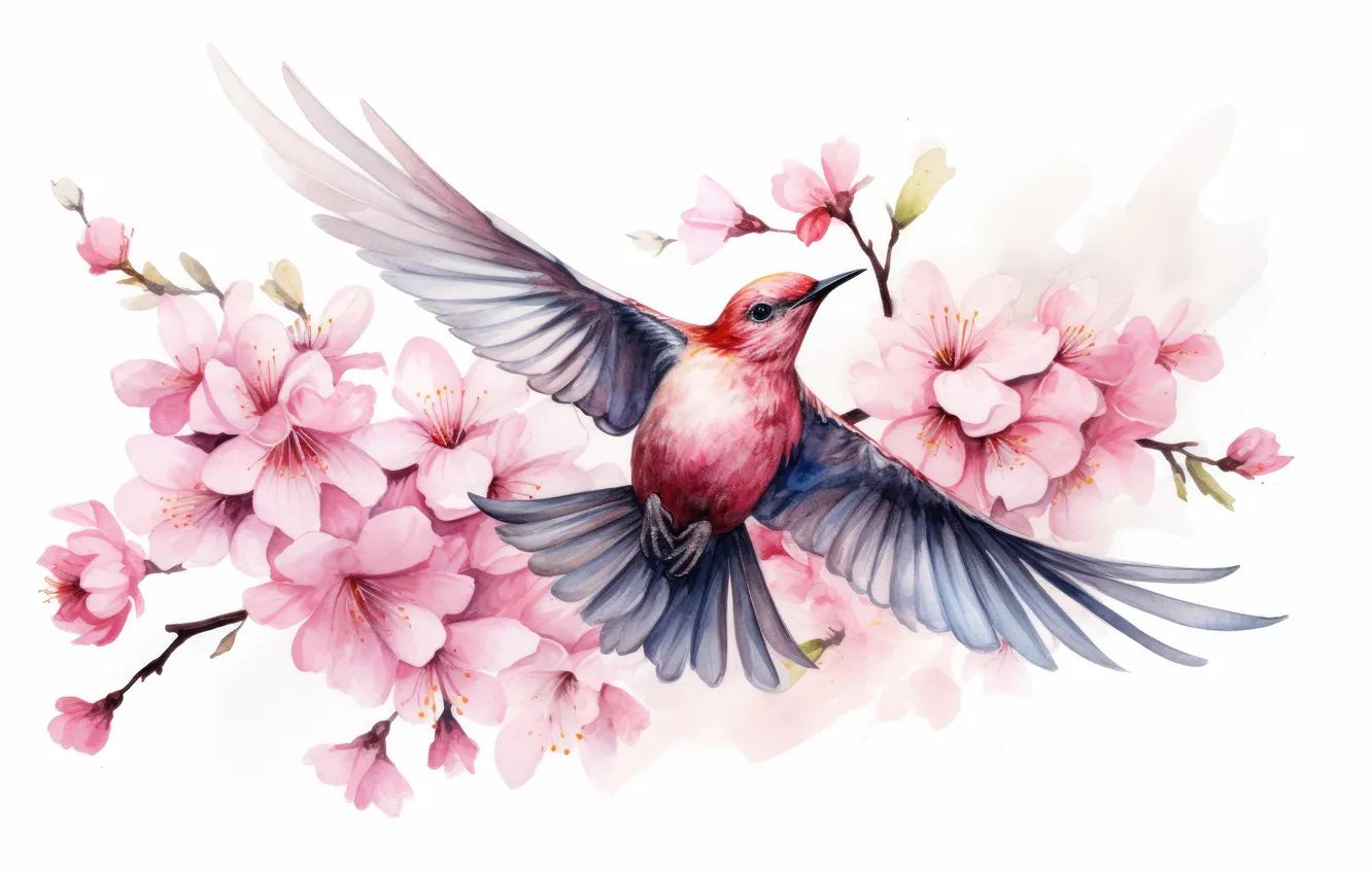 Photo wallpaper flight, flowers, bird, white background, painting, imitation of watercolor, AI art, imitation of painting