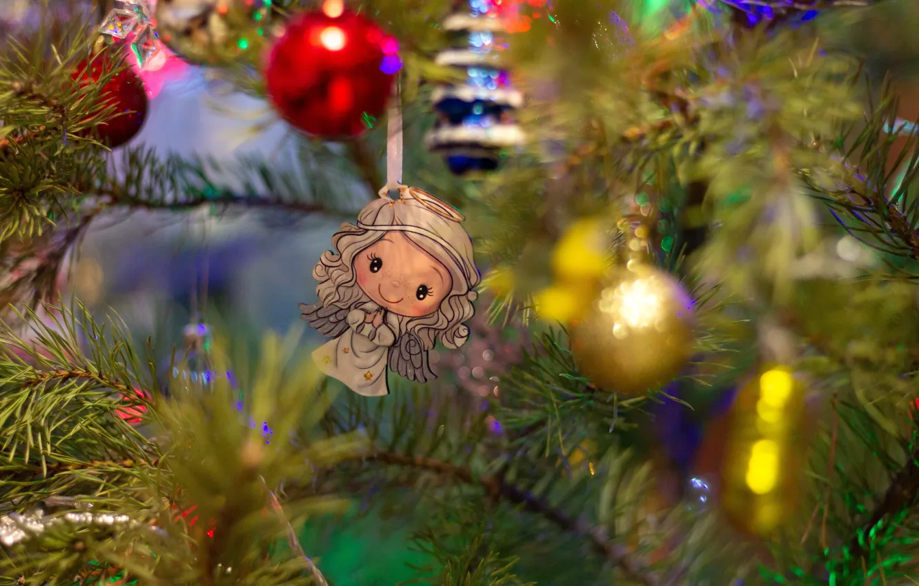 Photo wallpaper tree, angel, Christmas decorations, angel