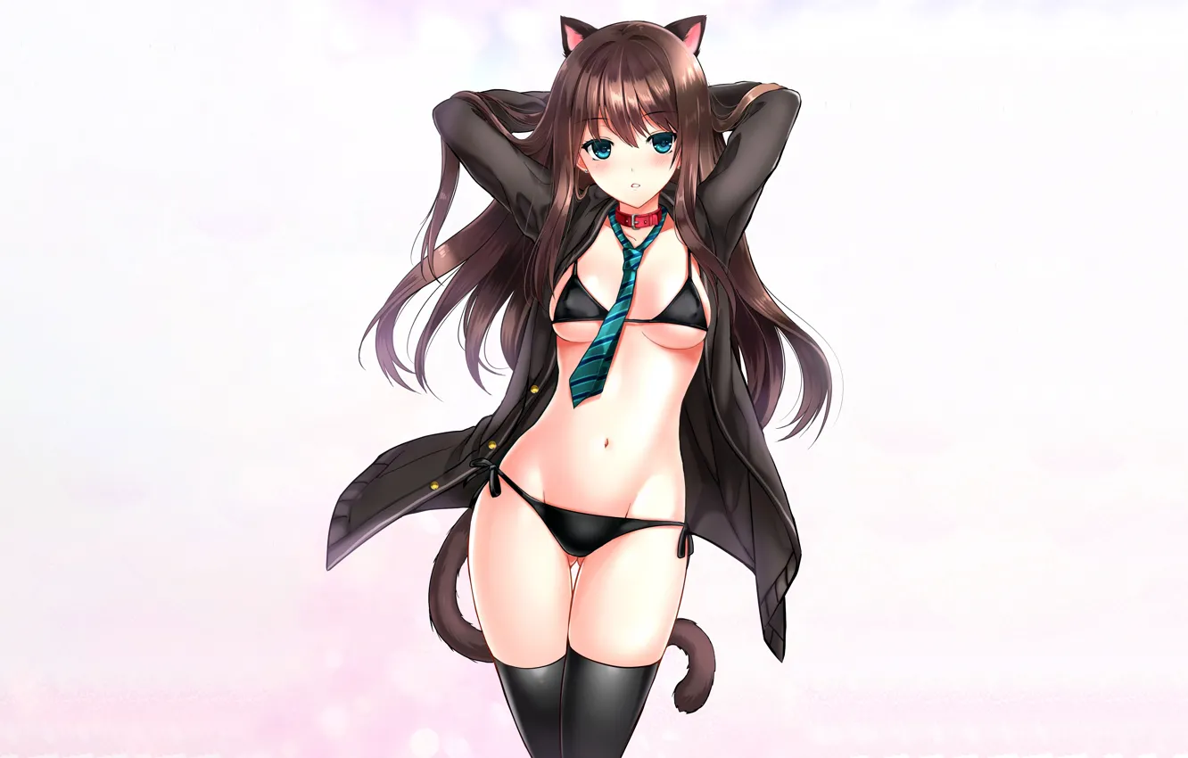 Photo wallpaper girl, sexy, lingerie, bra, cleavage, panties, thighhighs, long hair