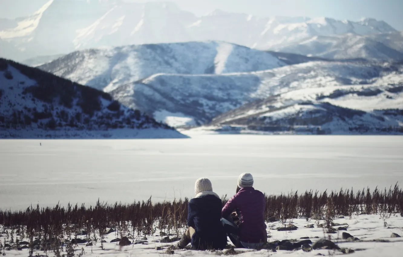 Photo wallpaper girl, landscape, mountains, view, jacket, sitting