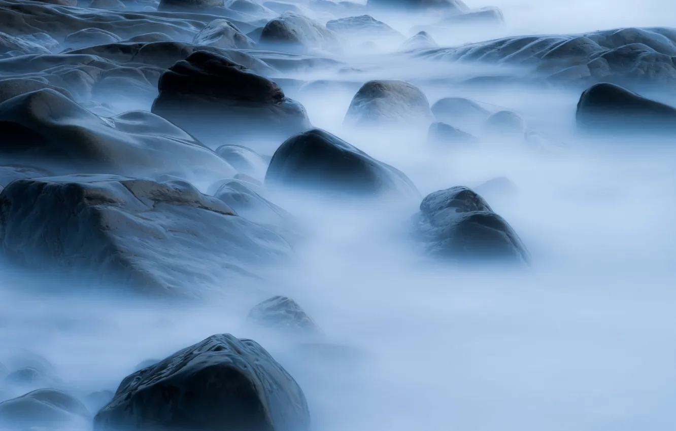 Photo wallpaper nature, fog, stones