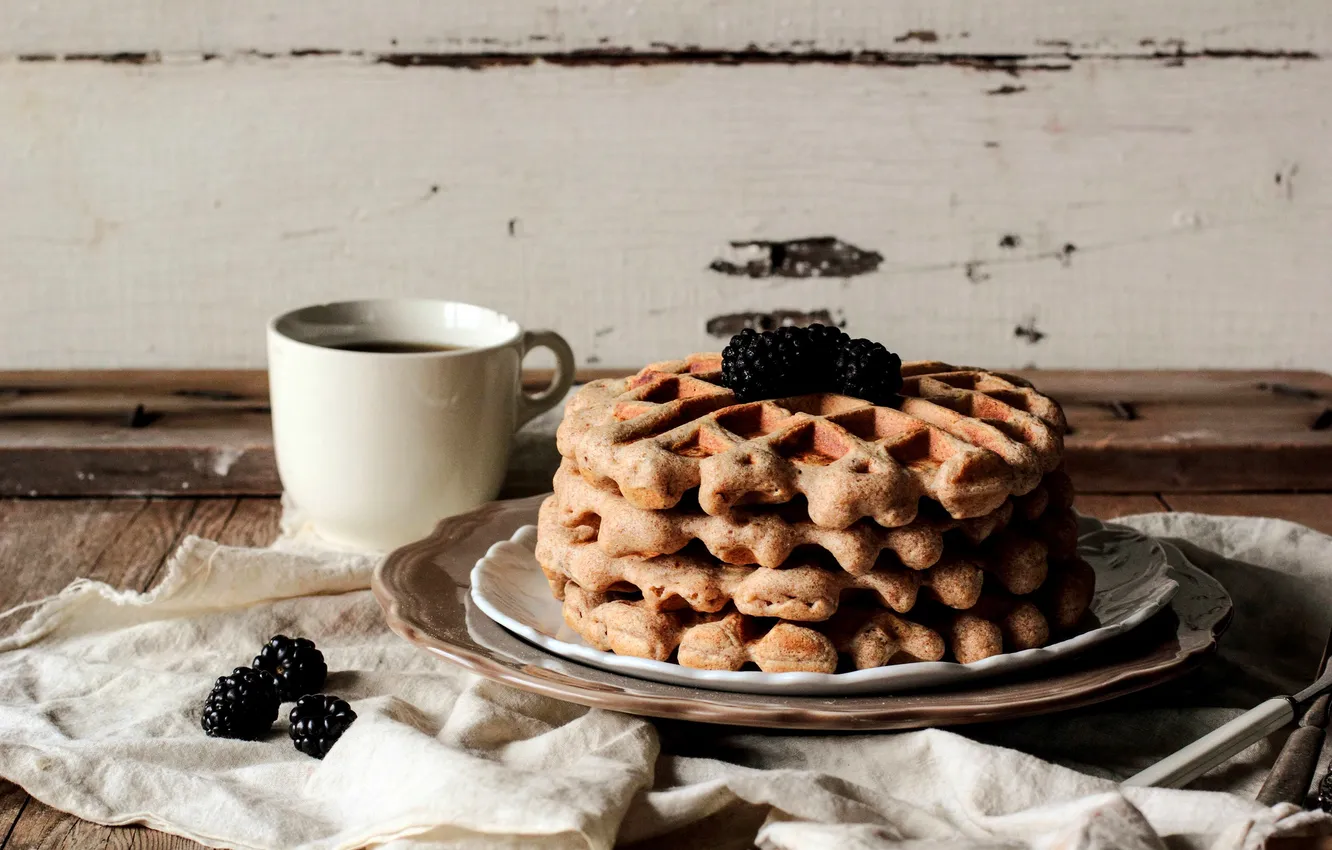 Photo wallpaper berries, Breakfast, Cup, drink, waffles, BlackBerry