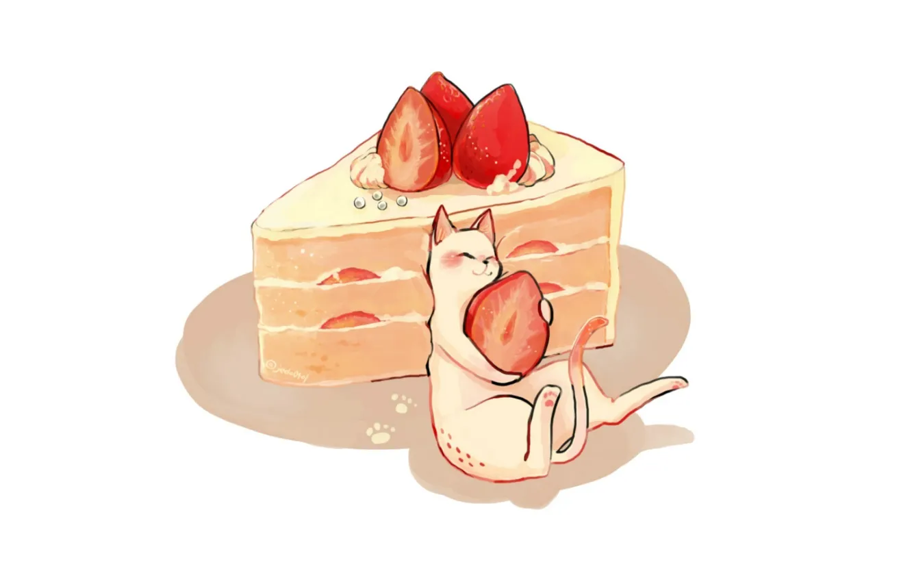 Photo wallpaper shadow, strawberry, cake, white background, yummy, cream, piece of cake, white kitten