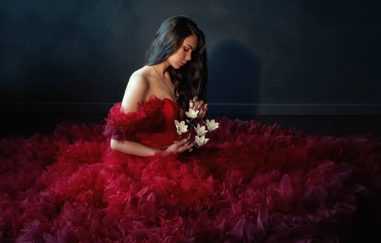 Photo wallpaper flowers, dress, brunette, fabric