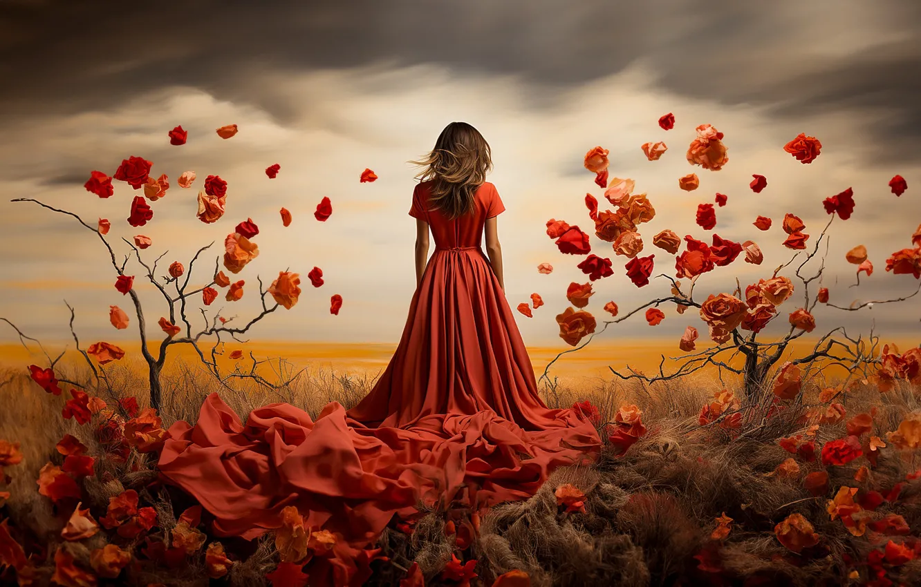 Photo wallpaper field, the sky, girl, flowers, branches, red, clouds, roses