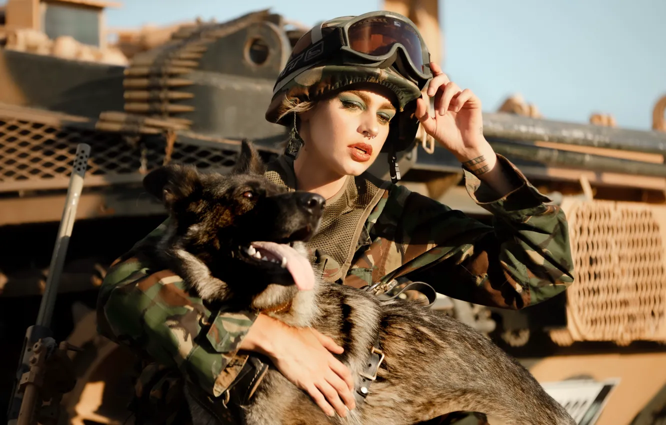 Photo wallpaper girl, dog, army