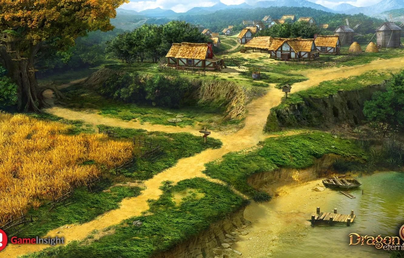 Photo wallpaper river, open, shore, home, dragon eternity, landor village