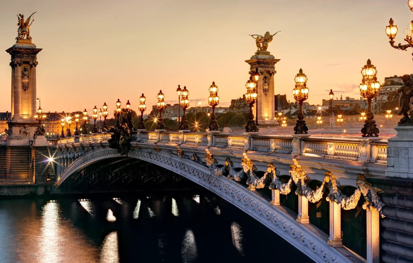 Photo wallpaper light, the city, river, France, Paris, the evening, lights, Hay