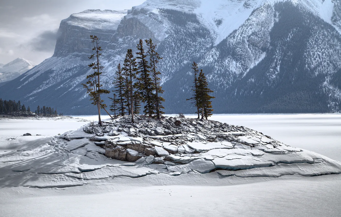 Photo wallpaper winter, snow, trees, mountains, rock, lake, island