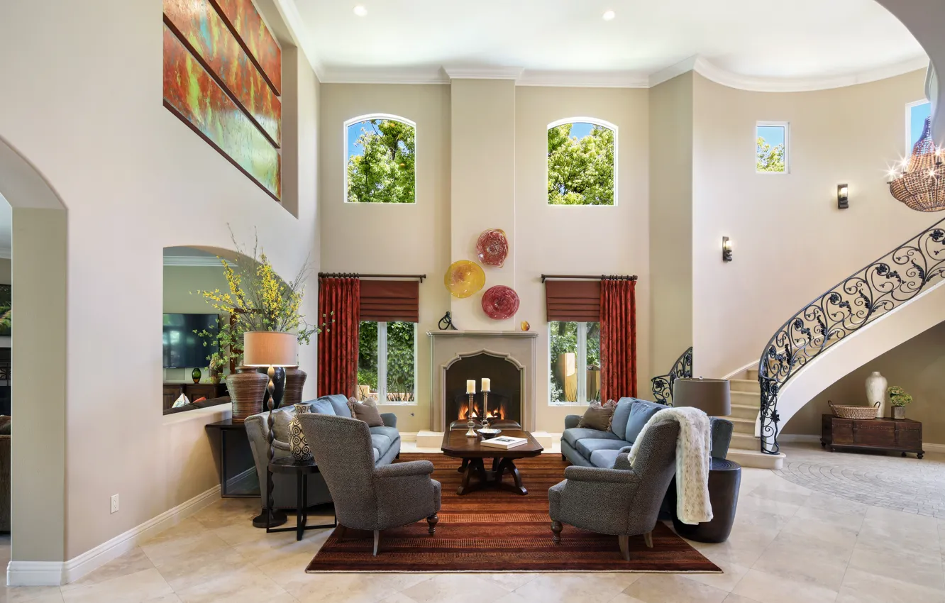 Photo wallpaper sofa, window, ladder, fireplace, mansion, luxury, design, living room