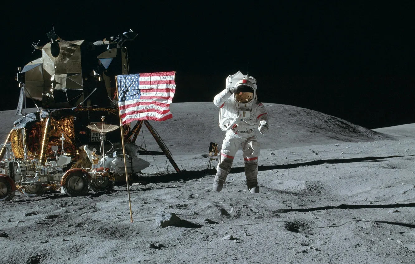 Photo wallpaper space, jump, Wallpaper, the moon, flag, Astronaut, America, USA