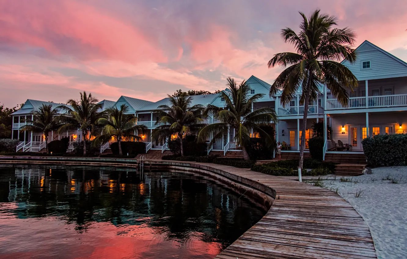 Photo wallpaper sand, beach, water, palm trees, home, resort, cottages