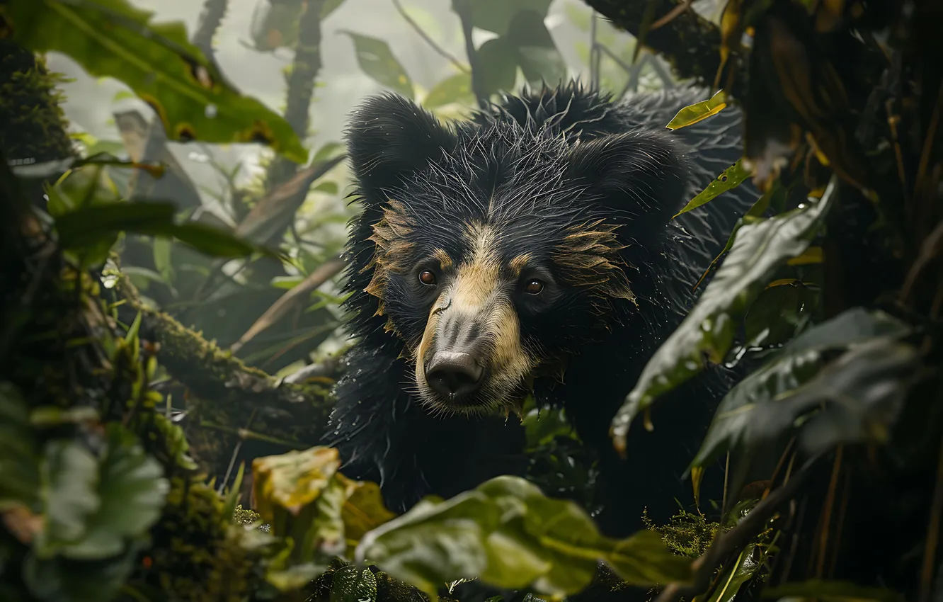 Photo wallpaper Forest, Leaves, Bear, Face, Predator, Digital art, Black bear, AI art