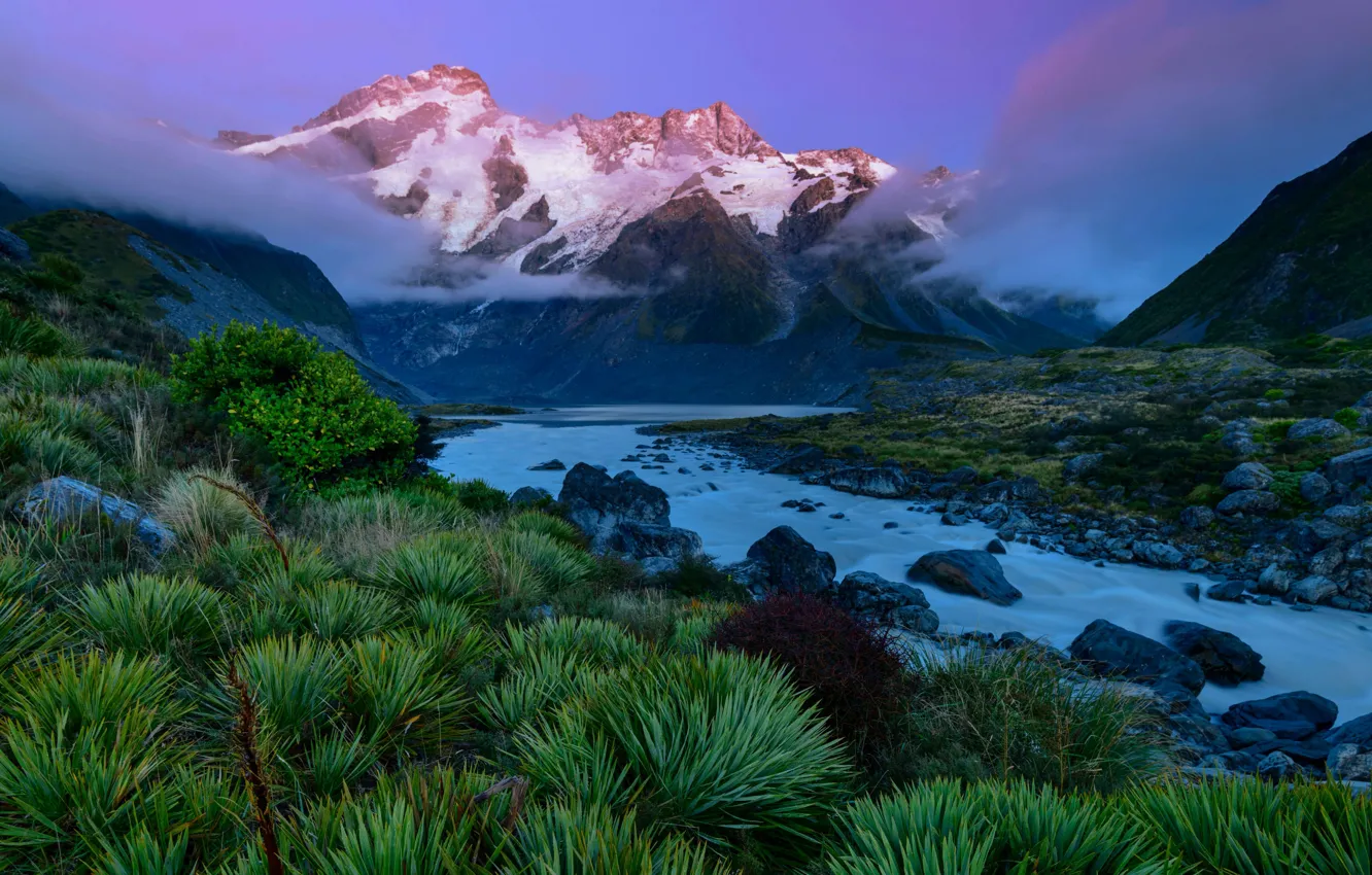 Photo wallpaper clouds, mountains, river, New Zealand, river, New Zealand, mountains, Mount Cook National Park