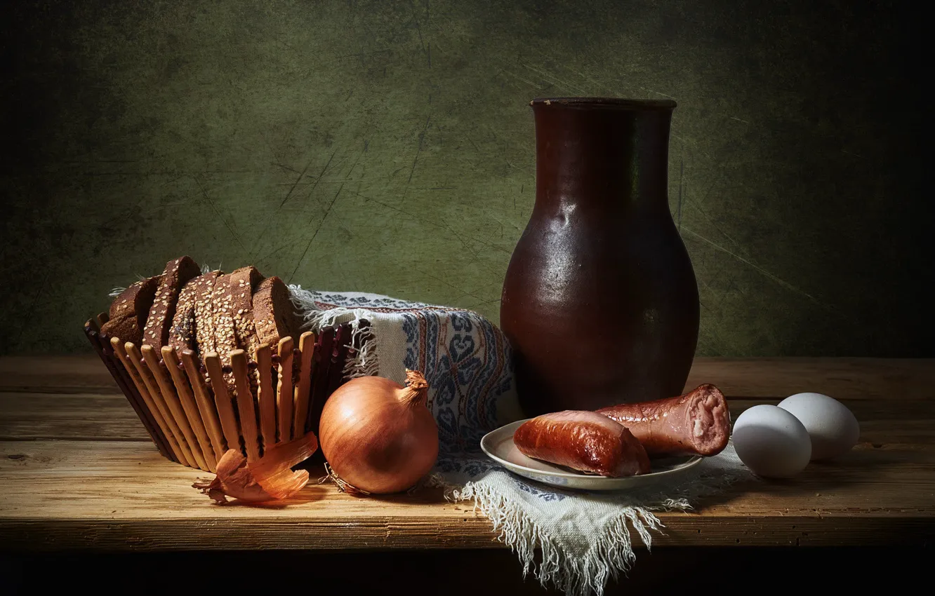 Photo wallpaper style, retro, the dark background, food, eggs, towel, bow, bread