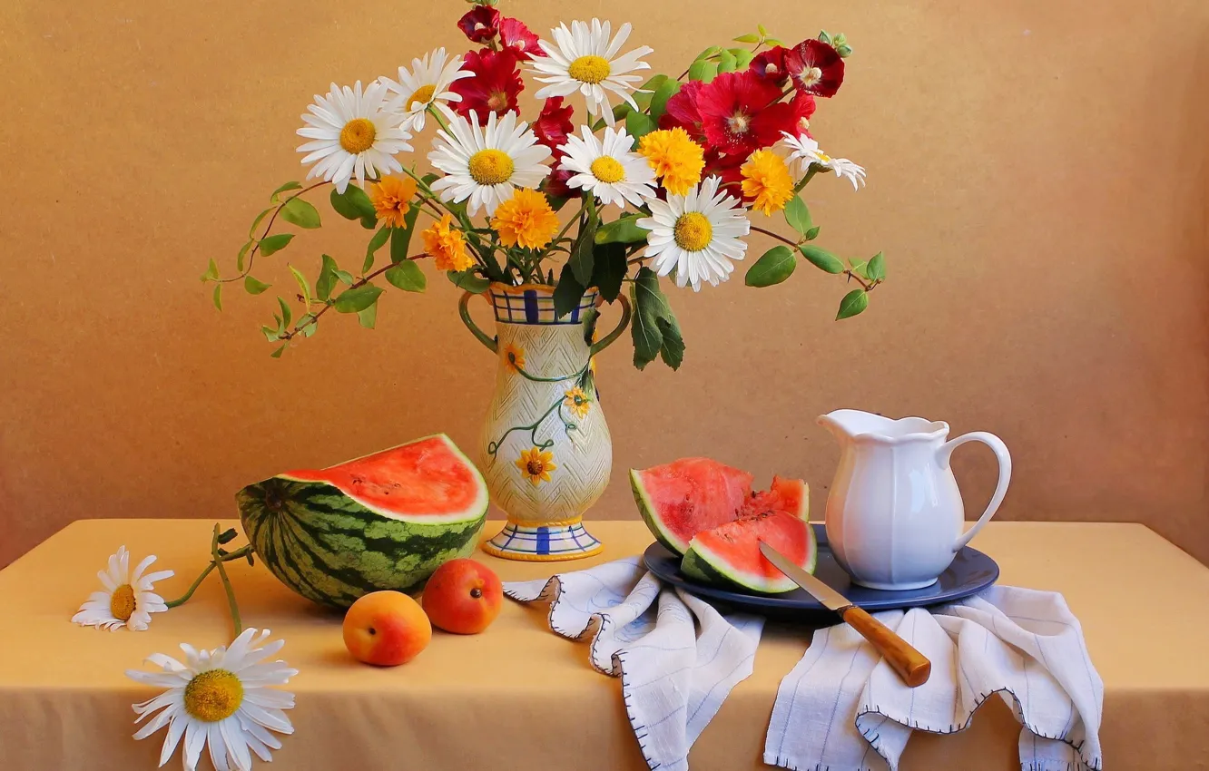 Photo wallpaper flowers, table, bouquet, watermelon, knife, vase, pitcher, still life