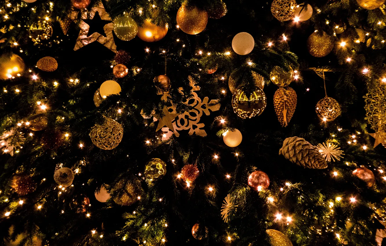 Photo wallpaper stars, balls, snowflakes, lights, the dark background, holiday, balls, Christmas