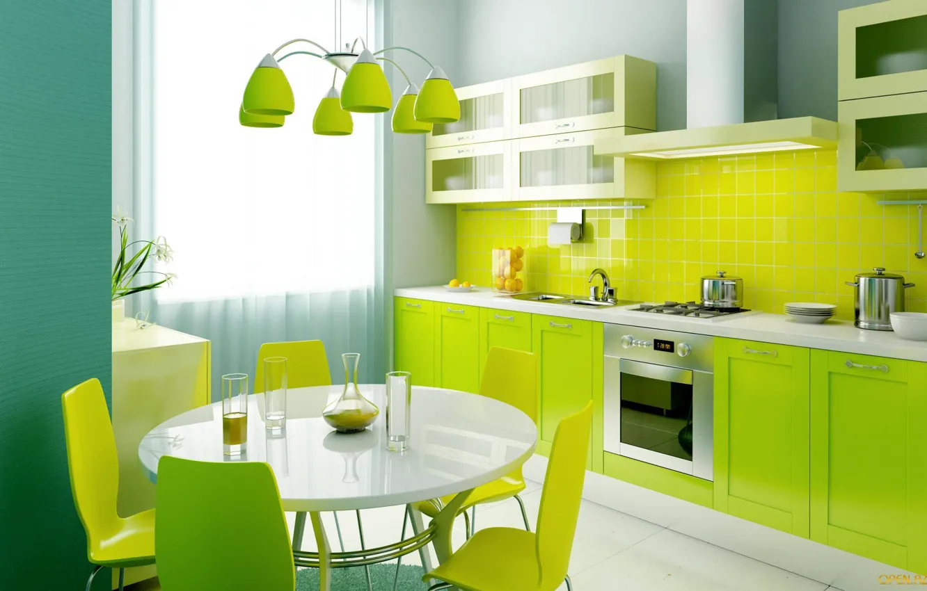 Photo wallpaper light, flowers, green, style, table, Wallpaper, lamp, interior