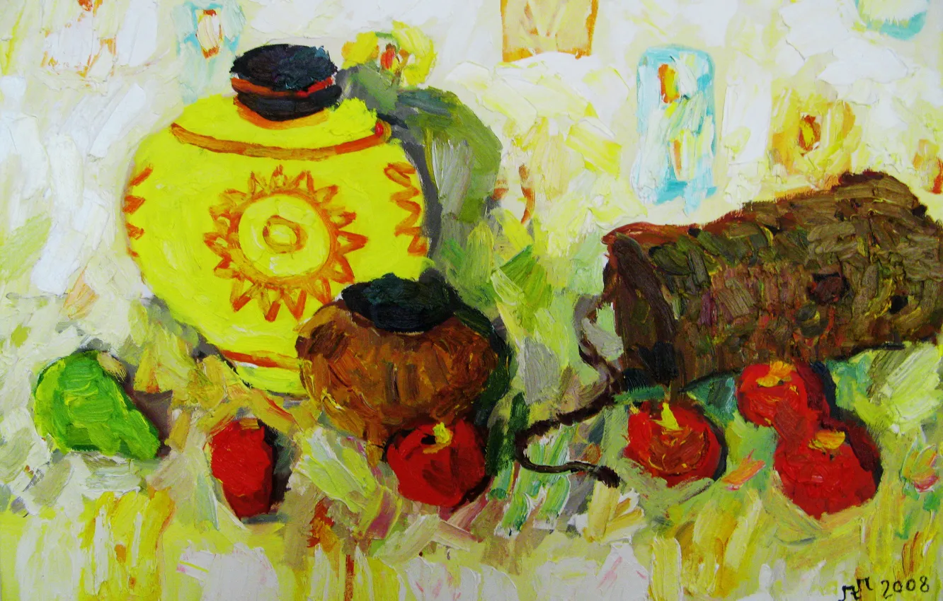 Photo wallpaper apples, 2008, pear, pitcher, still life, bucket, The petyaev