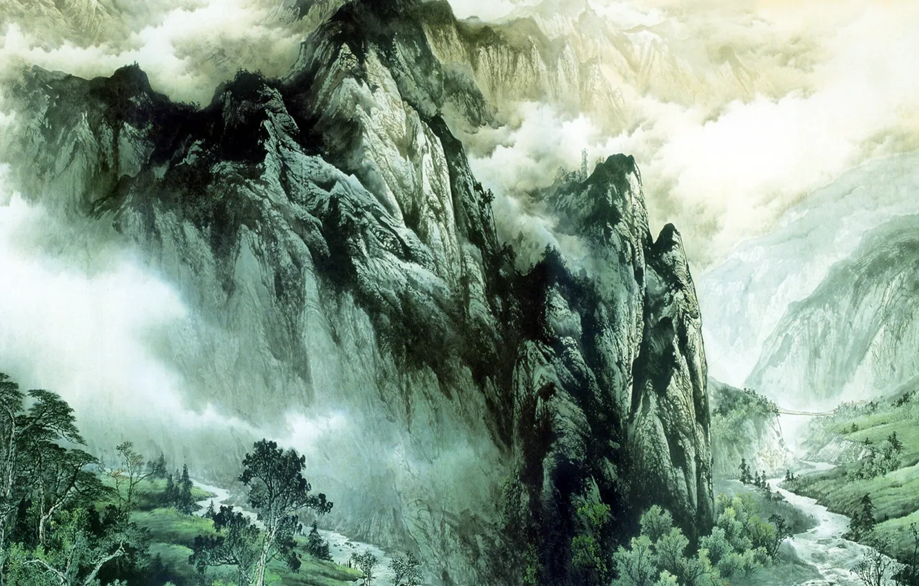 Photo wallpaper landscape, mountains, nature, art