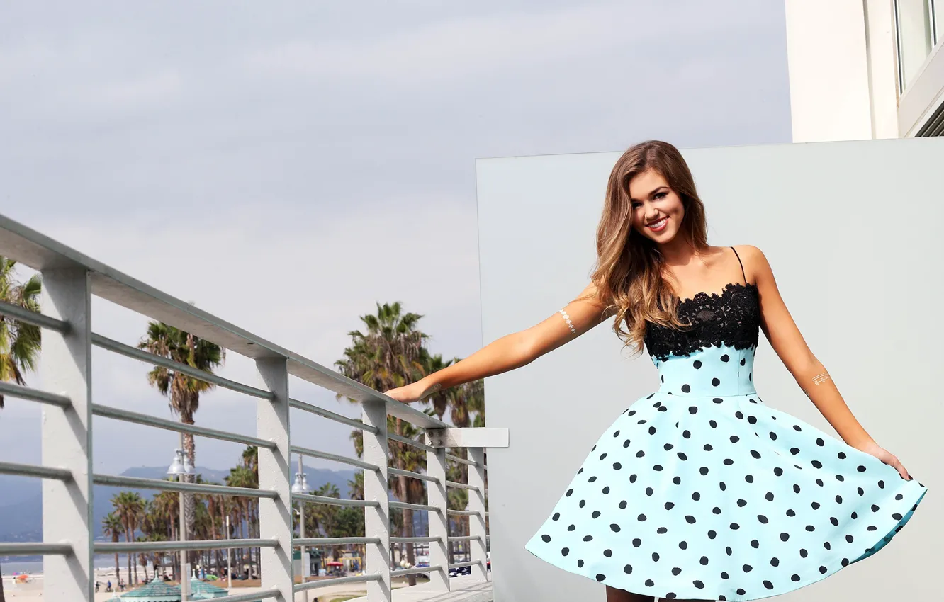 Photo wallpaper girl, pose, smile, hair, dress, balcony, beautiful, Sadie Robertson