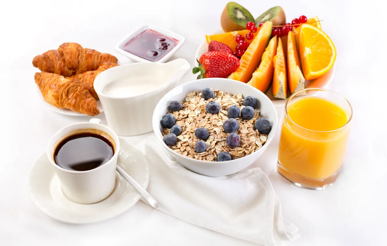 Photo wallpaper coffee, food, milk, juice, fruit, croissant, muesli