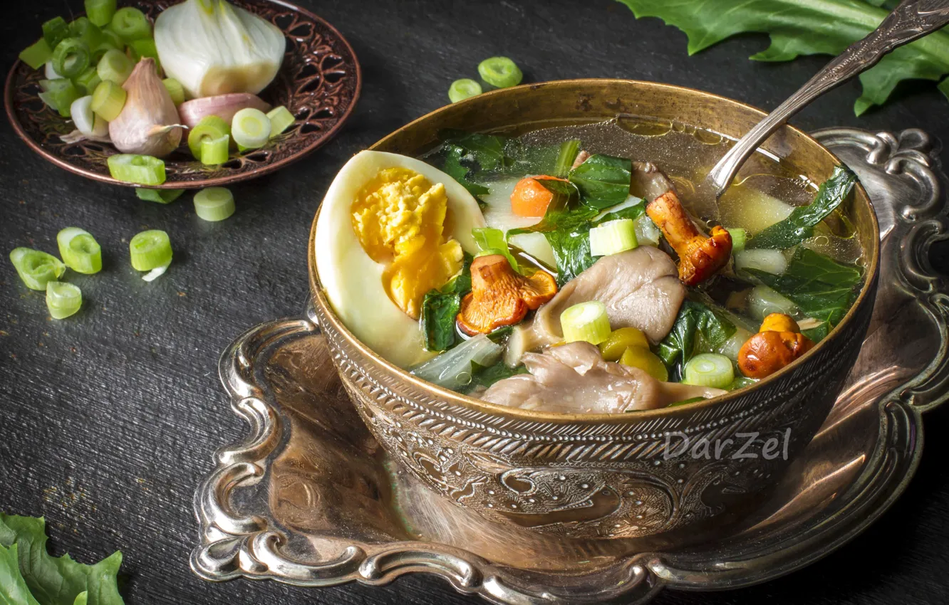 Photo wallpaper greens, mushrooms, bow, soup, dishes, Fox, garlic