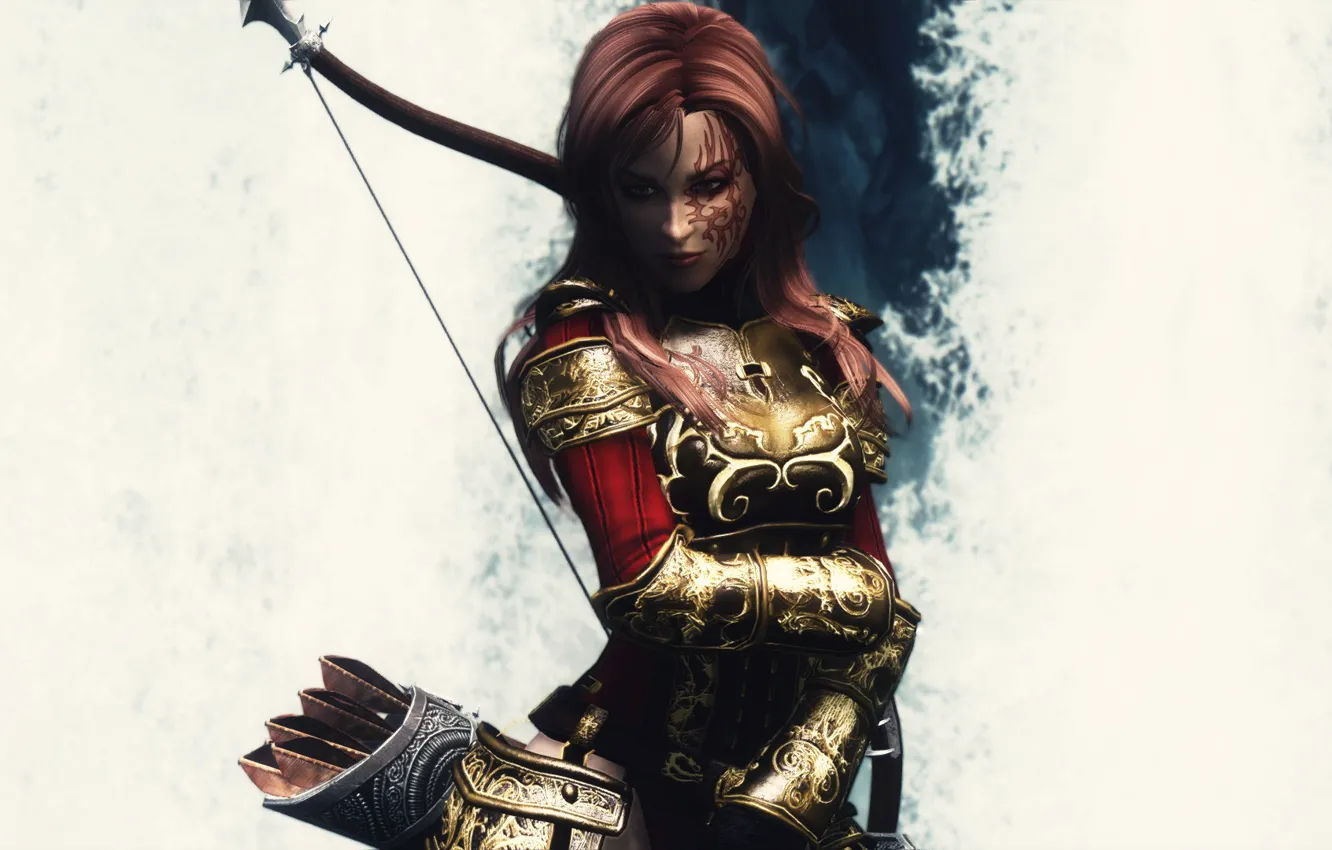 Photo wallpaper girl, the game, armor, white background, armor, arrows, Skyrim, The Elder Scrolls V