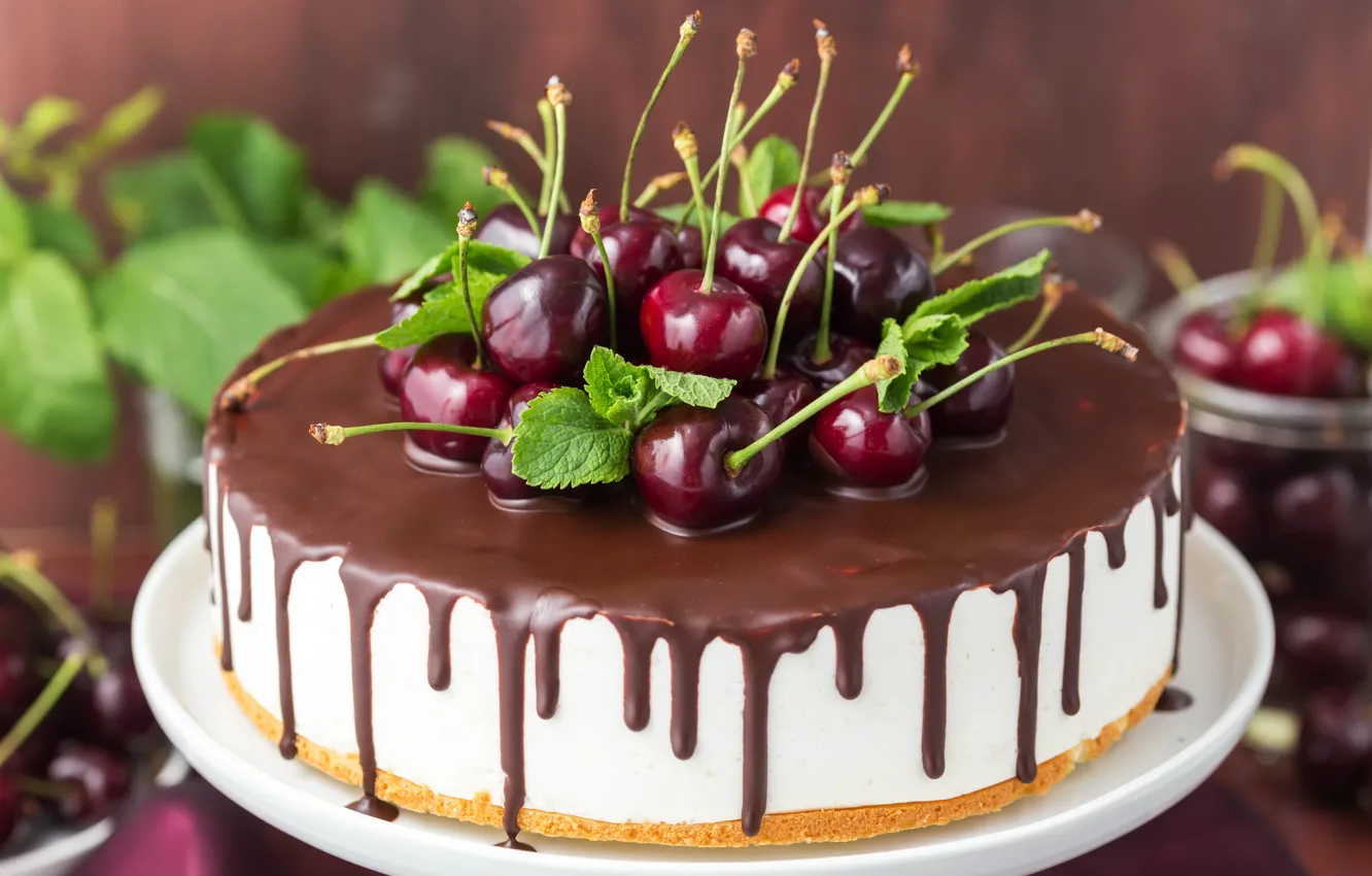 Photo wallpaper cherry, chocolate, cake, dessert